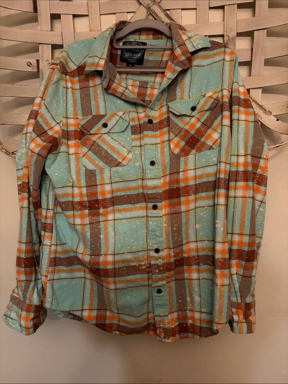 Aqua and Brown Flannel Shirt with Graphic Back Patch - Picture 3 of 4